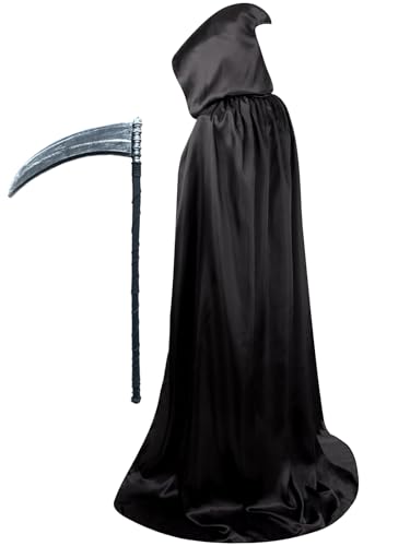 GRAJTCIN Unisex Adult Black Cape with Hood Witch Wizard Grim Reaper Halloween Party Costume Cloak with Plastic Scythe (67, Black Sickle)