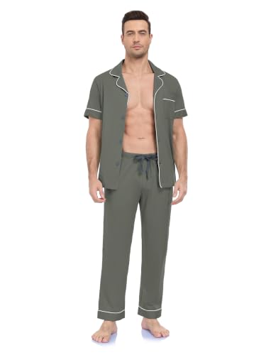 Image of COLORFULLEAF Men's Pajama Sets 100% Cotton Short Sleeve Button Down | 100% Cotton, Short Sleeve, Long Pants, Button Down, Notched Collar, Soft, Breathable, Lightweight, Comfortable, 2 Piece Set