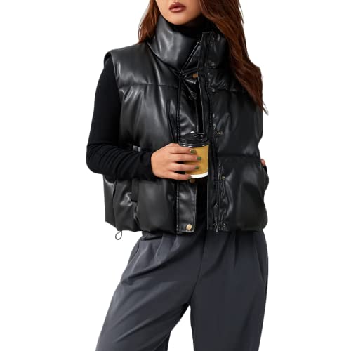 Yassiglia Señoras Chaleco Corto sin Capucha de Plumón Chaleco Acolchado Ligero Cuello Alto, dos Bolsillos Laterales, Cuero PU (Negro , XL ) Cover