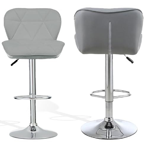 Taburete de bar giratorio gris de piel sintética, base de metal, altura ajustable, respaldo cómodo y reposapiés, taburete para bistró, salón, hogar, cocina o uso comercial, juego de 2
