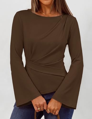 MEROKEETY Women's Long Sleeve Peplum Shirts Dressy Fall Tops, Brown, M — view 6