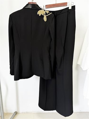 Women's 2025 Designer Suit Set Handmade Gold Beads Appliques Shawl Collar Slim Fit Blazer Flare Pants Set 2pcs3
