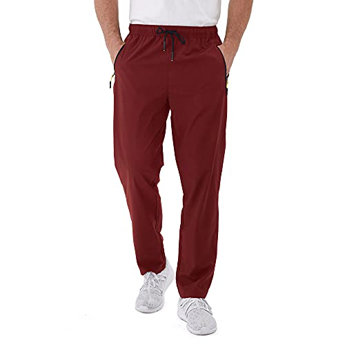 Men's Workout Athletic Pants Elastic Waist Jogging Running Pants for Men with Zipper Pockets 05 Wine Red S