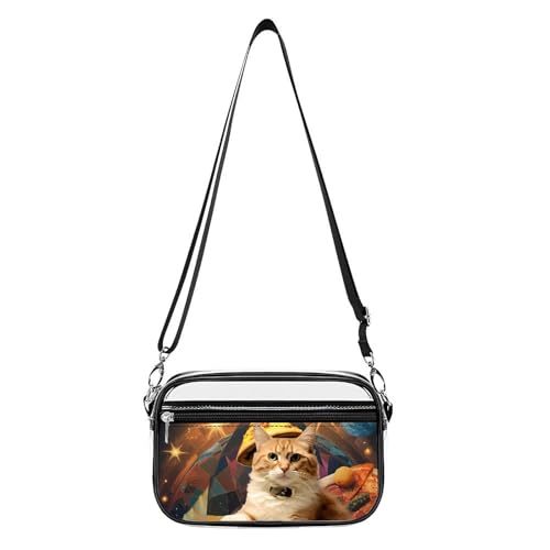 Space Cat with Pizza Clear Stadium Bag Mini Crossbody Bag Anti-Theft Side Shoulder Bags Messenger Bag Unisex