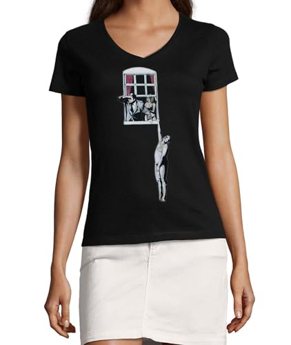 T-shirt Banksy Street Art col V femme noir en coton premium