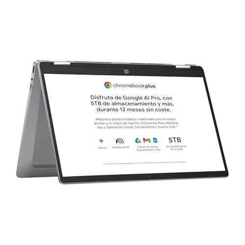 HP Chromebook Plus x360 - Ordenador portátil de Google 14" FHD (i3-N305, 8GB RAM, 256GB, ChromeOS) + Suscripción Google AI Pro con Gemini Pro y 5TB de Almacenamiento Durante 1 año - QWERTY Español