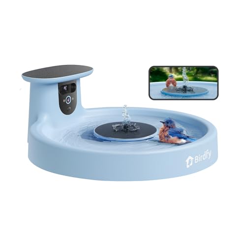 Birdfy Smart Bird Bath with Camera Solar Powered & Fountain Dual-Lens Camera for Wildbird Watching Auto Capture Bird Videos & Motion Detection - AI by Subscription (Blue)