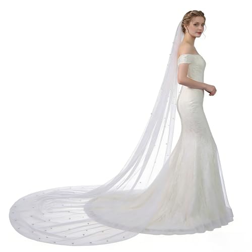 MAOFENG Women's Wedding Veils 1 Tier Pearls Long Train Bridal Veil with Metal Comb for Wedding Party photography Fashion Show, 3m