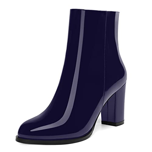 ROSERWISH Womens Fashion Casual Fall Winter Patent Round Toe Side Zip Block High Heel Ankle High Boots 3.5 Inch