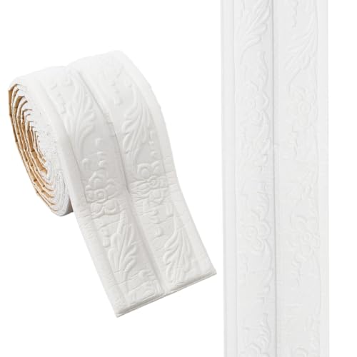 craspire 7,55 Fuß x 3,46 Zoll Weiß Formteil Trim Selbstklebend Vintage 3D Druck XPE Peel and Stick Krone Flexible Tapete Grenze Wandeinfassung Schaum für Fußleiste Spiegel Grenze Wandlinien Hotel DIY
