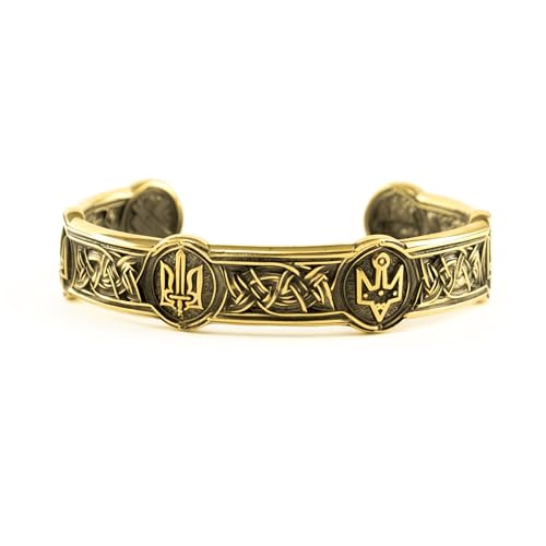 Men's cuff bracelet History of Ukrainian tridents, handmade runic solid brass c shape bangle