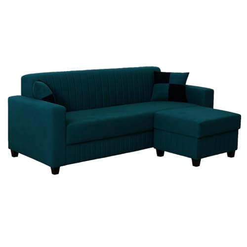Image of FURNY Grovila Fabric 4 Seater Convertiable L Shape Sofa Set 3 Seater Modern Sofa Set & Ottoman for Living Room (GreenishTeal) with Velvet Fabric | Durable Comfort | Modern Design | Ideal f