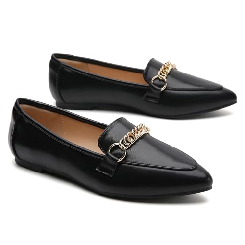 Image of Tilocow Metal Chain Loafers for Women Pointed Toe Slip on Flats Comfortable Fashion Work Shoes