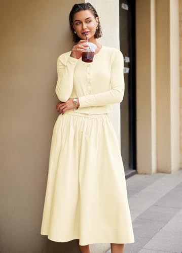 Image of Panadila Womens 2 Piece Lounge Sets Matching Vacation Outfits Ribbed Button Down Cardigan and Elastic Waist Skirt Sets