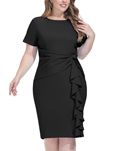 Hanna Nikole Wmens Plus Size Wear to Work Dress 50s Vintage Ruffle Peplum Cocktail Pencil Knee Dress
