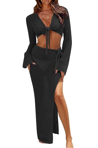 Image of Cakulo Women's Crochet Cover Up 2 Piece Beach Skirt Sets | Hollow Out, Tie Front Crop Tops, Bell Sleeve, Sarong Wraps, Swimsuit Bathing Suit Coverup, Resort Wear Beach Vacation Outfits