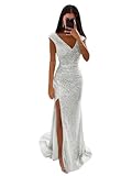 Seabinayed Mermaid Sequin Silver Prom Dress with Slit Long Sparkly Ruched Bodycon Formal Dresses for Women V Neck Backelss Evening Dress Size 10