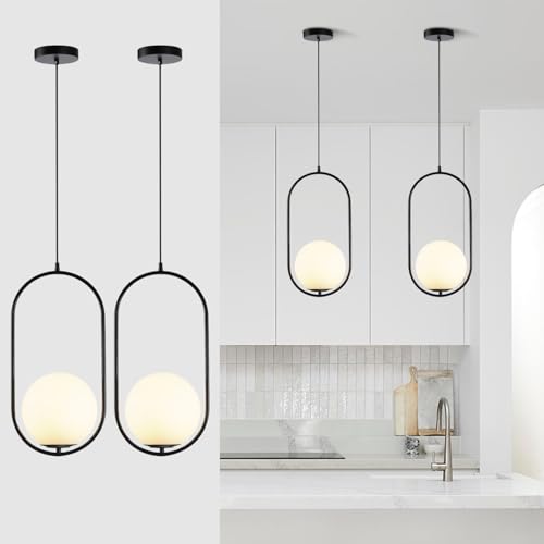 Image of Modern Black Globe Pendant Light Set of 2 Frosted Glass Shade Geometric Hanging Fixture Indoor Adjustable Hanging Pendant Lamp Spherical Lighting for Kitchen Island Bedroom