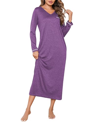 Demegimi Nachthemd Damen Lang Baumwolle Langarm Nachtkleid Oversize Schlafshirt V-Ausschnitt Umstandskleid Stillnachthemd Sleepshirt mit Taschen