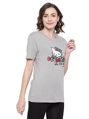 Image of Clovia Women's Cotton Graphic Print Short Sleeve T-Shirt in Grey