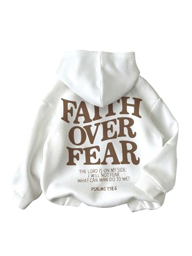 RoseSeek Girl's Letter Graphic Hoodies Long Sleeve Faith Over Fear Hoodies Sweatshirts Pullovers Trendy White Letter 14Y