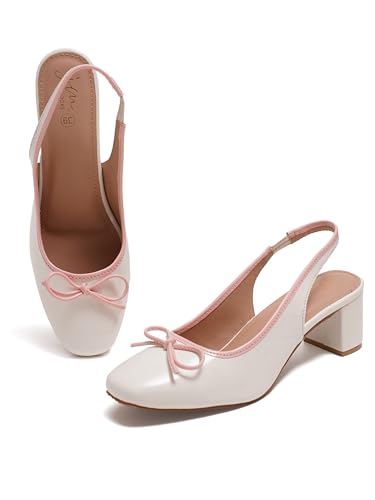 Image of JM LOOKS Women Slingback Block Heels with Bow Detail Closed Round Toe Pumps Dress Shoes
