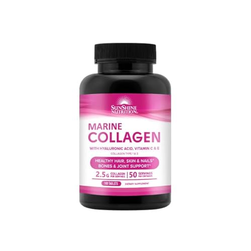 Sunshine Nutrition Marine Collagen With Hyaluronic Acid Vitamin C & E | Healthy Hair Skin & Nails | Reduces Wrinkles | Good For Strong Bones & Joints | 100 Tablets