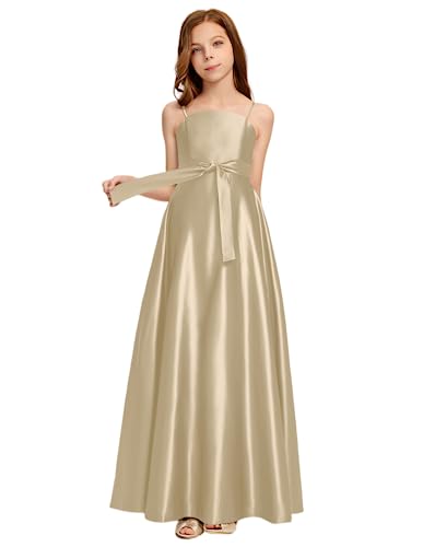 Junior Bridesmaid Dress, Flower Girl Dresses, Formal Dress for Teen Girls Bow A-line Square Floor-Length Satin