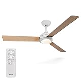 Philips Civx Ventilateur de Plafond avec LED, 3 pales, 132 cm de Diamètre, 2500 Lumens, 3 Nuances de Lumière Blanche (3000 K/4500 K/6500 K), Variation à 10%, avec Télécommande, Blanc/Bois Clair