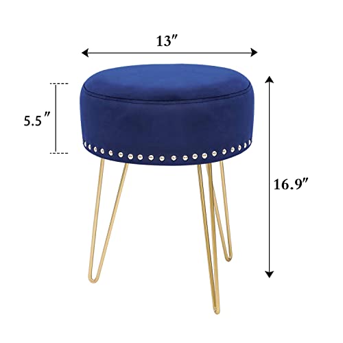 Furnistar Velvet Footstool Round Ottoman Golden Metal Legs With Rivets For Living Room Bedroom (Navy Blue) #TOP3