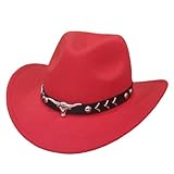 Cappello da cowboy unisex in stile occidentale con decorazione a testa di toro – Cappello in feltro con nastro decorato per uomo e donna | Classico cappello Texas per feste e festival