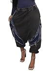 Vakkest Women's Harem Denim Pants Elastic High Waist Raw Trim Hem Patchwork Boyfriend Wide Leg Jeans with Pockets Black
