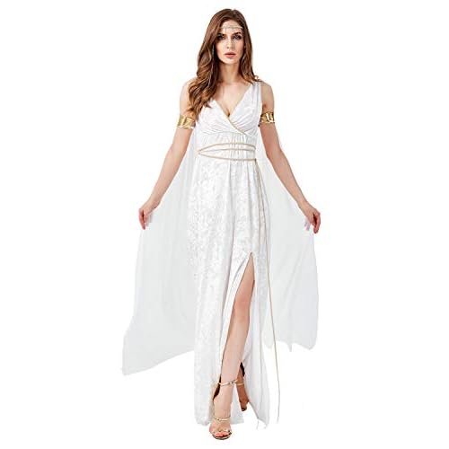 helymore Mujer Halloween Vestido de Diosa Griega Disfraz de Atenea Cuello V Sin Mangas Romano Toga Olimpica Conjunto Completo, M