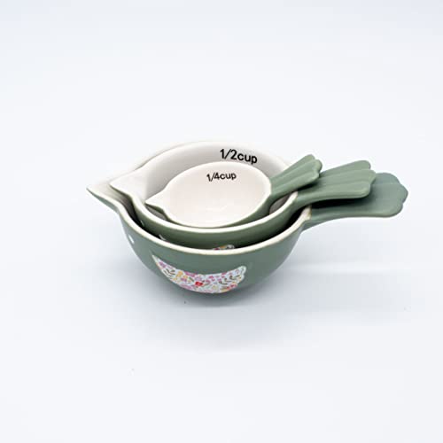 Aztec Sky | Nesting Measuring Cups | Set Of 3 Stackable Ceramic Cups | Farmhouse Style | Bird | Sage Green Birds With Floral (Sage, Set Of 3) #TOP3