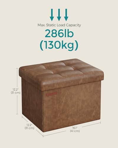 Image of SONGMICS Small Folding Storage Ottoman, Foot Rest Stool, Cube Footrest, Synthetic Leather, 12.2 x 16.1 x 12.2 Inches, 286 lb Capacity, for Living Room, Bedroom, Dorm, Coffee Brown ULSF100K01