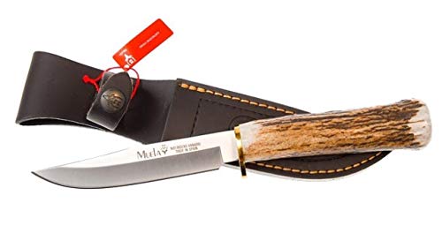 Muela Cuchillo GREDOS GRED-12A hoja de acero ACX-380 de 12 cm y empuñadura de asta de ciervo para Caza, Pesca, Supervivencia y Bushcraft Realizado en Ciudad Real + Portabotellas de regalo