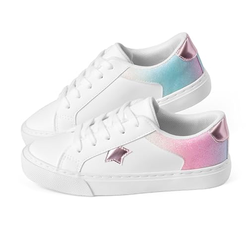 JUDIS Kids Glitter Fashion Sneakers Girls White PU Low Top Lace Up Casual Shoes
