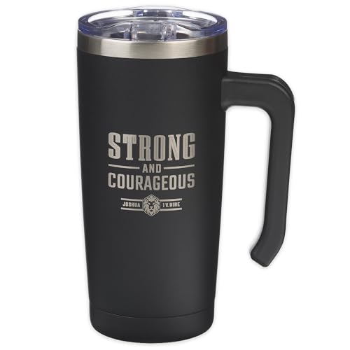 Christian Art Gifts Large Premium Stainless Steel Vacuum Insulated Travel Scripture Mug Thermos for Men & Women: Strong & Courageous Lion, Retractable Lid, Thick Sturdy Handle, Black & Silver, 18 oz.