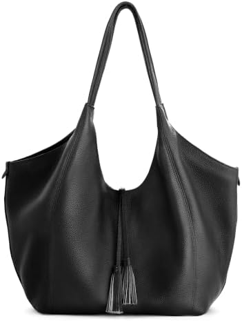 befen Black Soft Genuine Leather Slouchy Tote Bag for Women Casual Work Hobo Bags Shoulder Handbag Weekender Travel Purse with Tassel