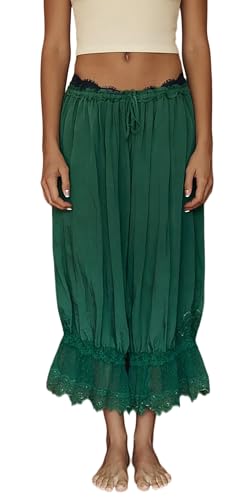 Image of NUFIWI Women Ruffle Long Bloomer Y2k Lace Trim Pettipants Pantaloons Mid Rise Cropped Pajama Pants Under Dress Slips