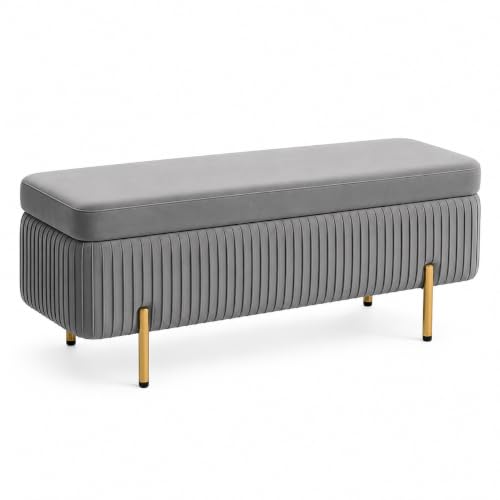 Image of Nutech Decor Velvet Upholstered Flip Top Storage Bench, 2-Seater Ottoman with Hidden Storage, Button Tufted End of Bed Bench for Bedroom, Living Room, Entryway, Hallway & Window Seating