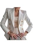 YMING Women's Notched Lapel Double Breasted Blazer Work Formal Jacket Solid Color Coat with Pockets White L