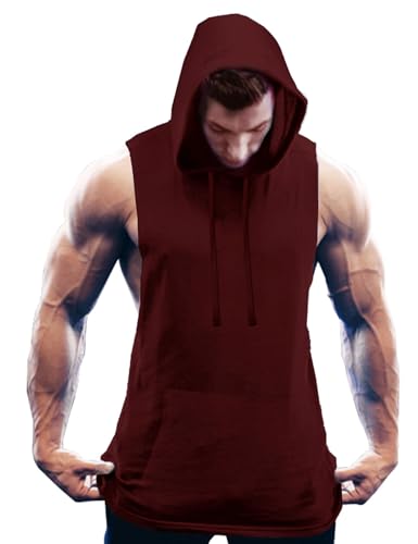 COOFANDY Men's Workout Hooded Tank Tops Bodybuilding Muscle Cut Off T Shirt Sleeveless Gym Hoodies Wine Red