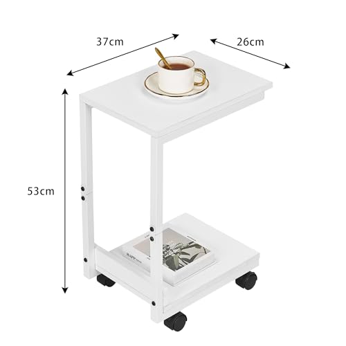 VECELO サイドテーブル キャスター付き 幅約37×奥行約26×高さ約53cm コの字型 2段収納 ミニテーブル ベッドサイドテーブル ソファ横 ベッド横 C形茶卓 北欧風 おしゃれ 木目調 コンパクト 省スペース ナイトテーブル かんたん組立 スリム [3]