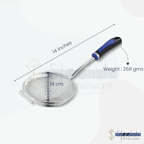 Image of Stainless Steel Jhara for Frying Big Size | Deep Fry Mesh Skimmer Spoon for Frying | Wire Skimmer, Puri Strainer, Cooking Oil Strainer for Kitchen, Durable Long Blue Handle - 14CM