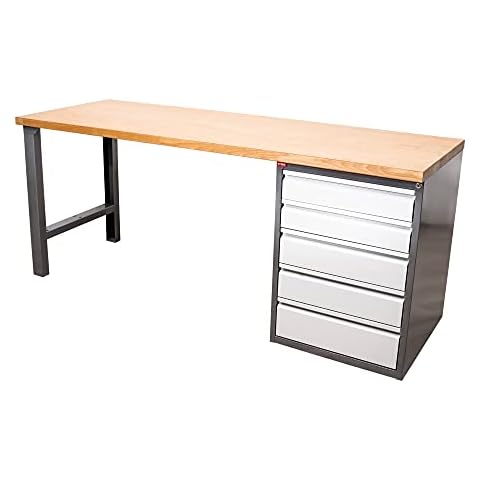 STIER Werkbank Premium, 5 Schubladen, 200x70x89cm, pulverbeschichteter Stahl & Buche Cover