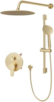 Gabrylly Shower System, High Pressure 12" Rain Shower Head with Handheld Shower, Wall Mounted Slide Bar Shower Faucet Set Complete, Shower Combo Set with Shower Valve,Brushed Gold