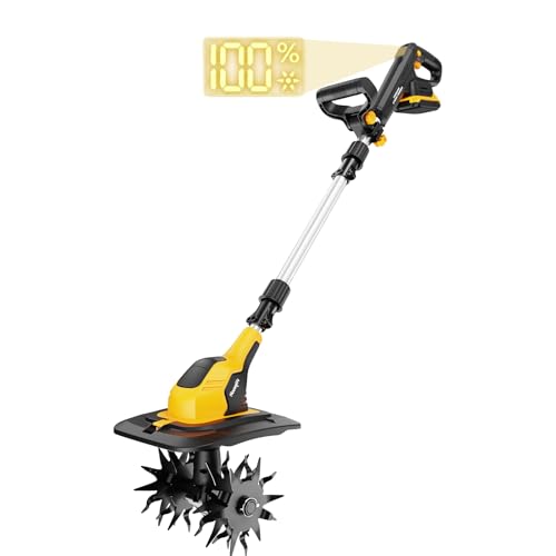 Cordless Tiller Cultivator Compatible with DeWalt 20V Battery (Tool Only) Battery Powered Rototiller with Digital Display & Adjustable Length 9Inx7In HandHeld Cultivator for Raised Bed Soil Aeration
