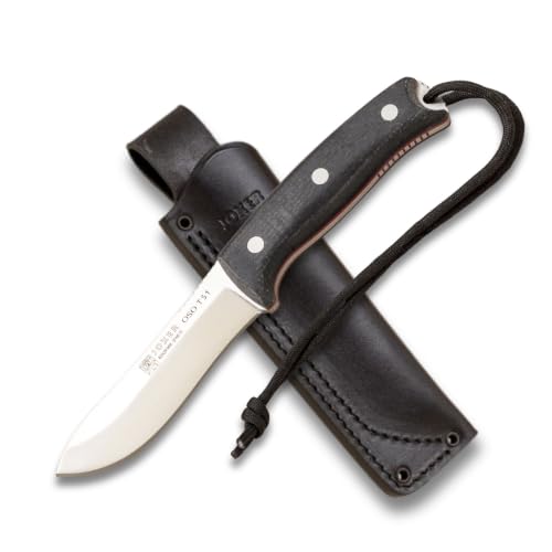 Joker NOMAD 4.3" Survival Knife, 4.3-inch Blade, Black/Green Micarta Handle, Black Leather Sheath Tool for Fishing, Hunting, Camping, and Hiking (Black Micarta, Leather Sheath)