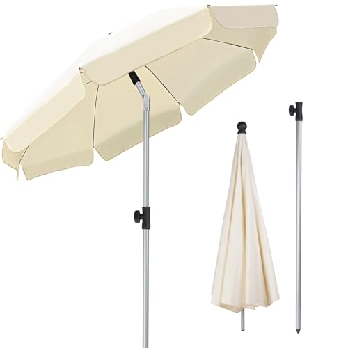 TLGREEN 2m Beach Parasol, Portable Tilting Garden Umbrella, Outdoor Sun Shade with UV Protection, 8 Steel Ribs, Base Not Included, for Outdoor Beach/Garden/Pool/Patio, Beige